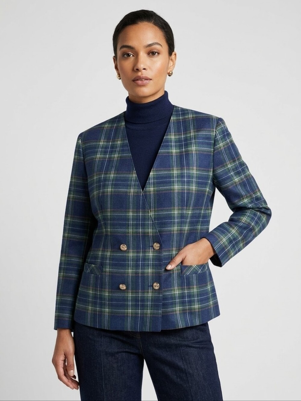 Vintage 80s TanJay Tartan Plaid Double Breasted Collarless Blazer 12 M L